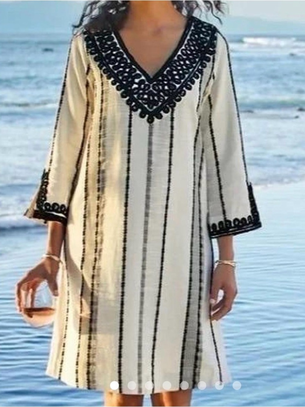 Soft Surroundings tunic dress cream/black stripes w/detailed embroidery,size XL